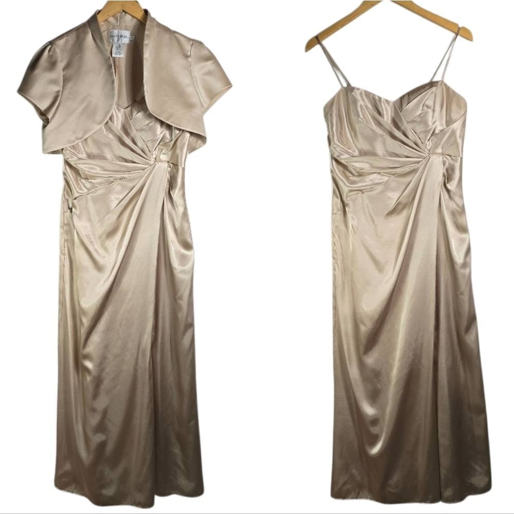 David’s Bridal Champagne Satin Gown w/ Bolero Formal Evening Dress Size 10/12